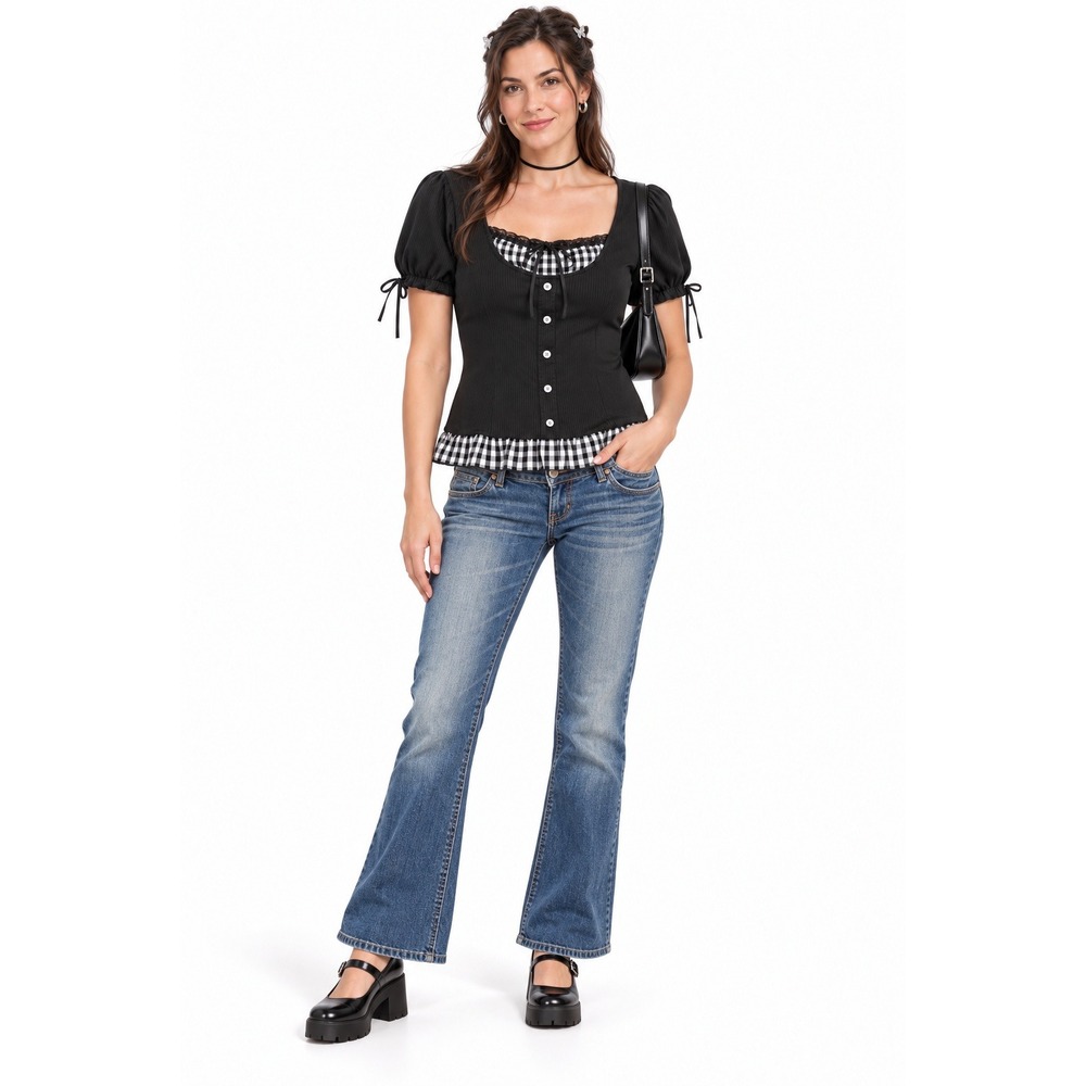 Romwe Gingham Trim Faux Layered Top Black Women M Coquette Dollette Y2K-inspired
